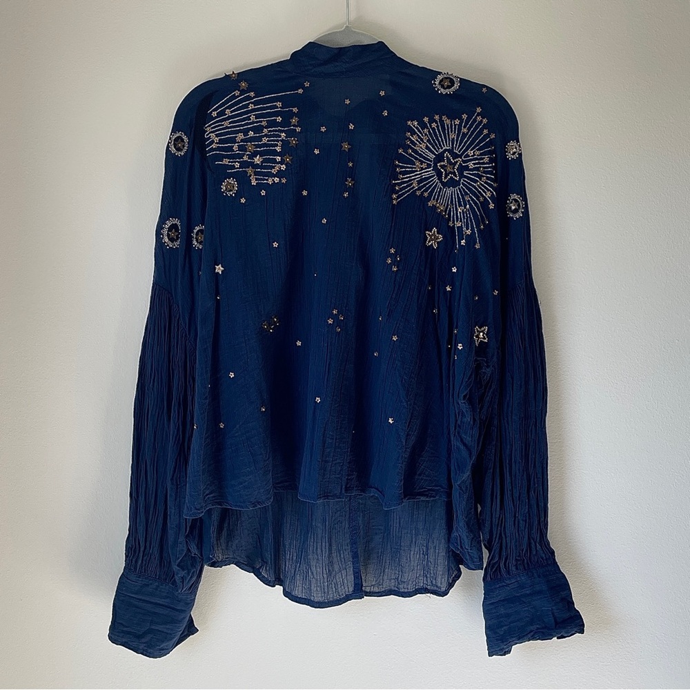 Free People Navy Star Sequin Gauze Top